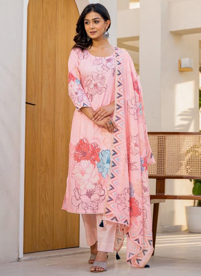 Linen Cotton Baby Pink Party Wear Digital Print Readymade Kurti With Bottom